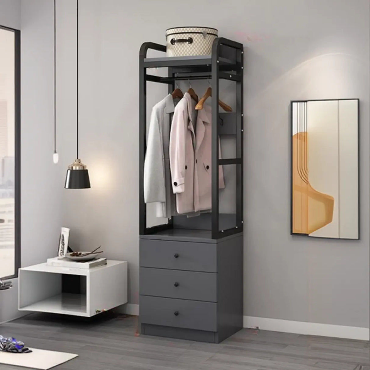 Metal Frame Shelves Brown Drawers Open Storage Hall Tree Image - 9