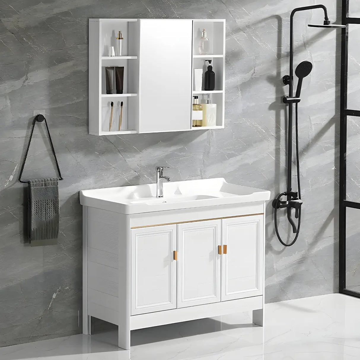 Metal Frame White 2 Doors Sink Freestanding Bathroom Vanity Image - 8