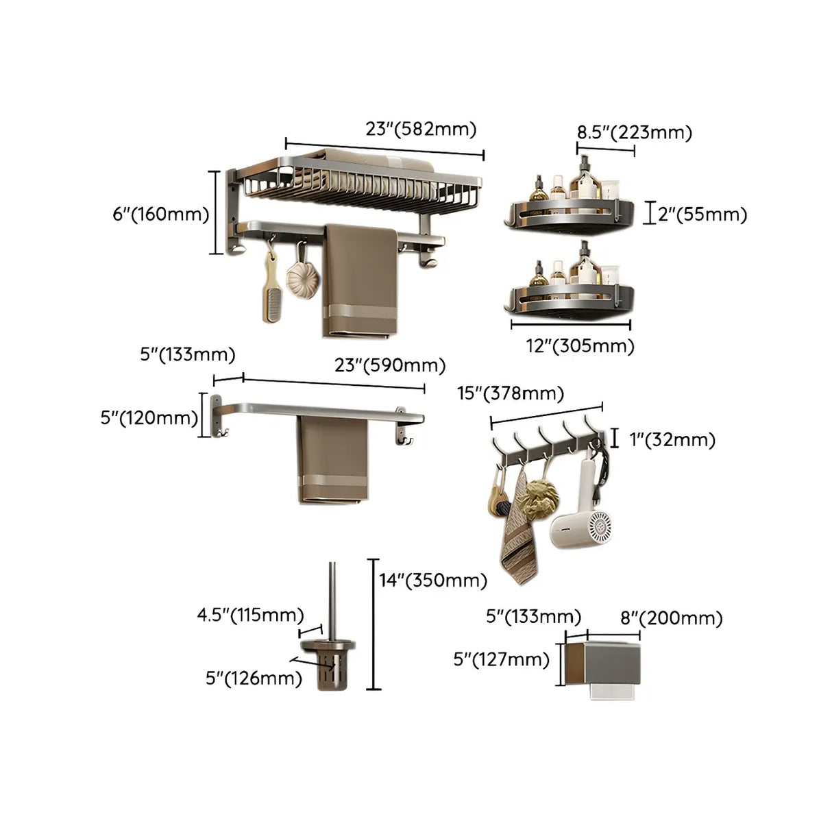 Metal Grey Wall-Mounted Bathroom Storage Hardware Set