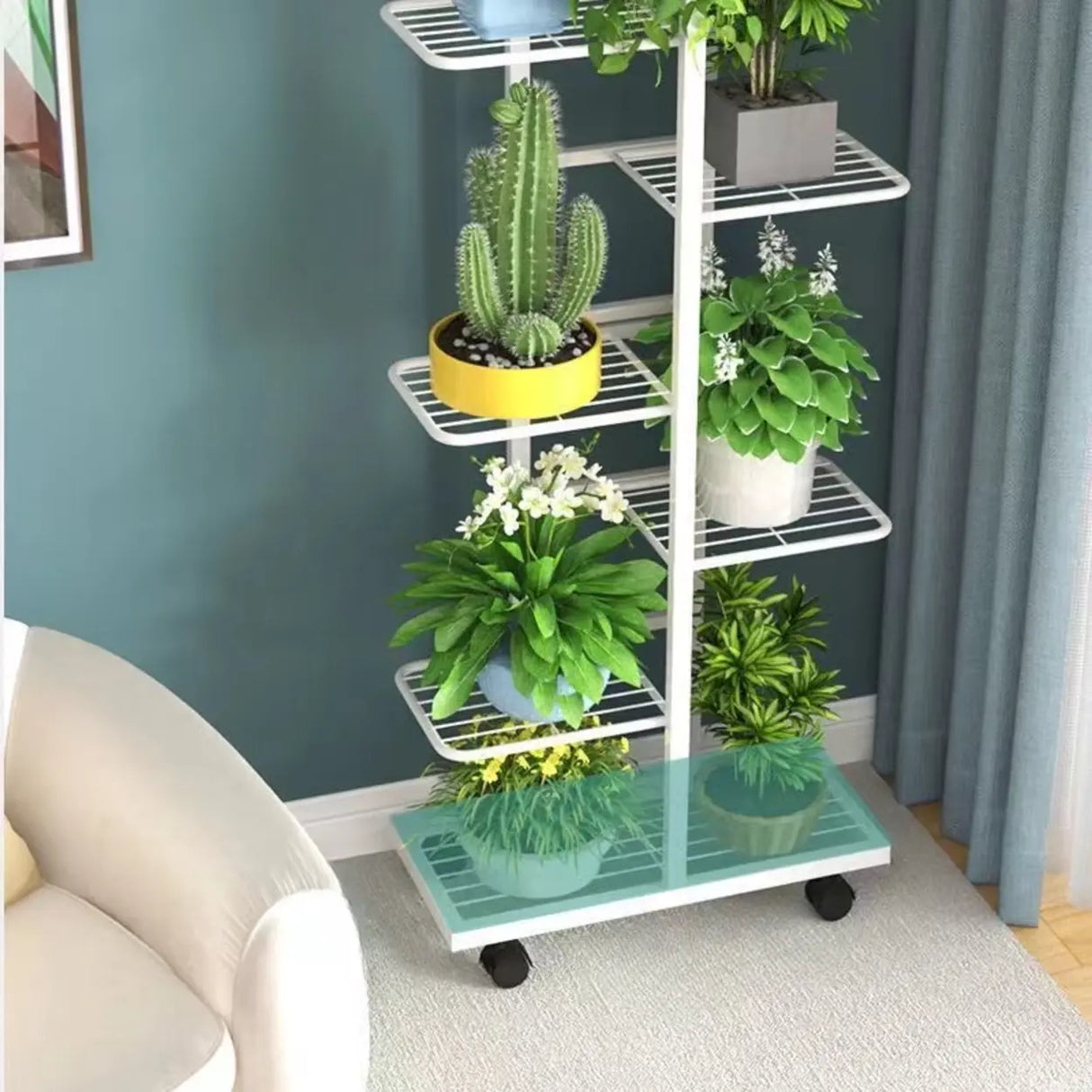 Metal Rectangle Tiered Floor Plant Stand with Wheels Image - 10