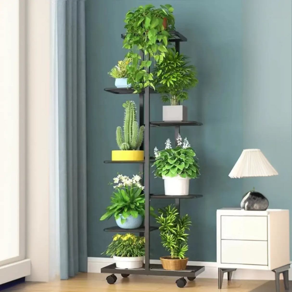 Metal Rectangle Tiered Floor Plant Stand with Wheels Image - 11