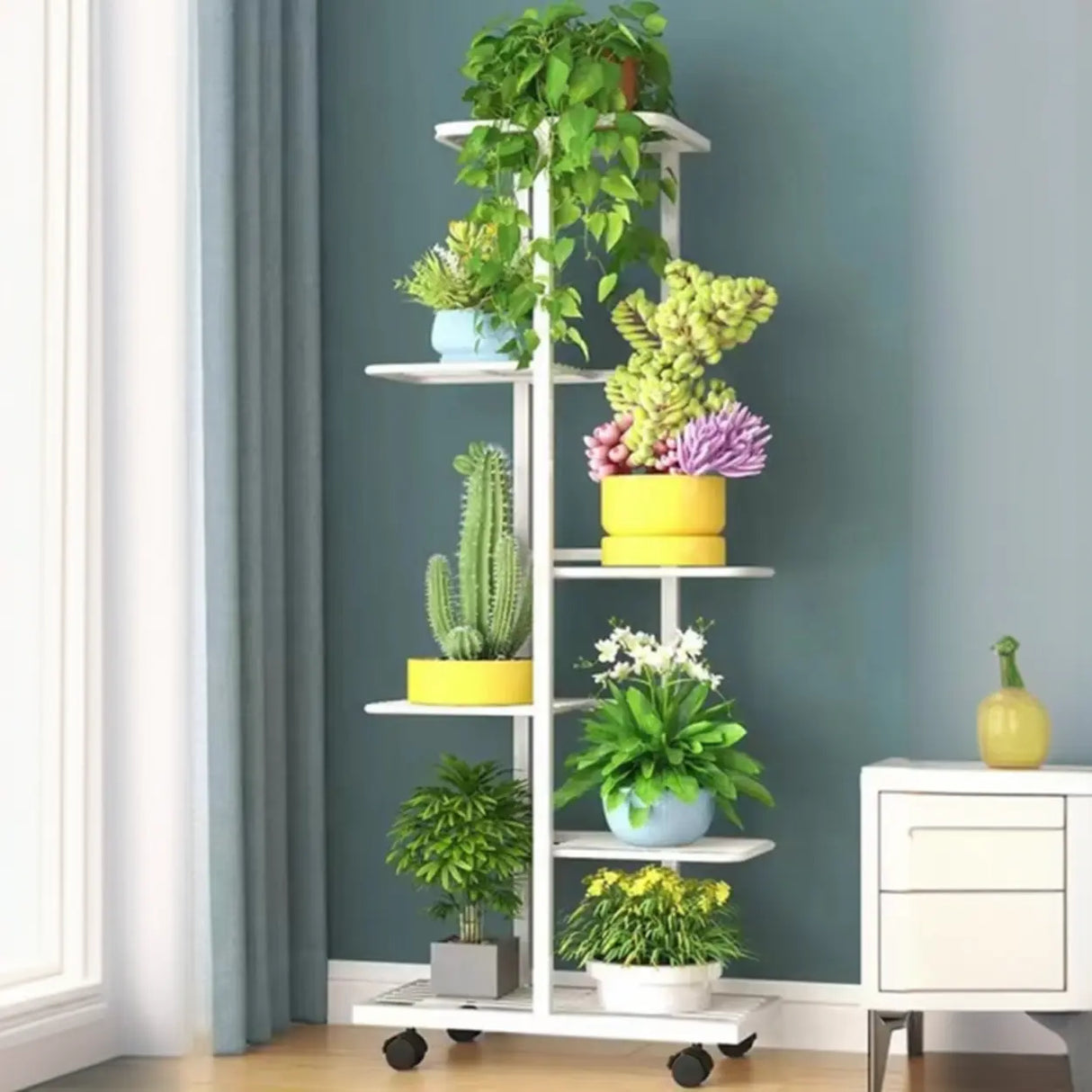 Metal Rectangle Tiered Floor Plant Stand with Wheels Image - 14
