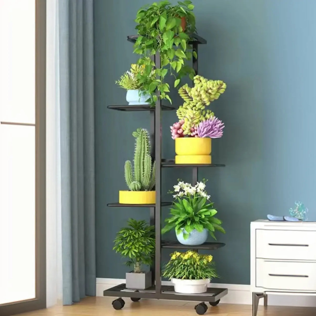 Metal Rectangle Tiered Floor Plant Stand with Wheels Image - 15