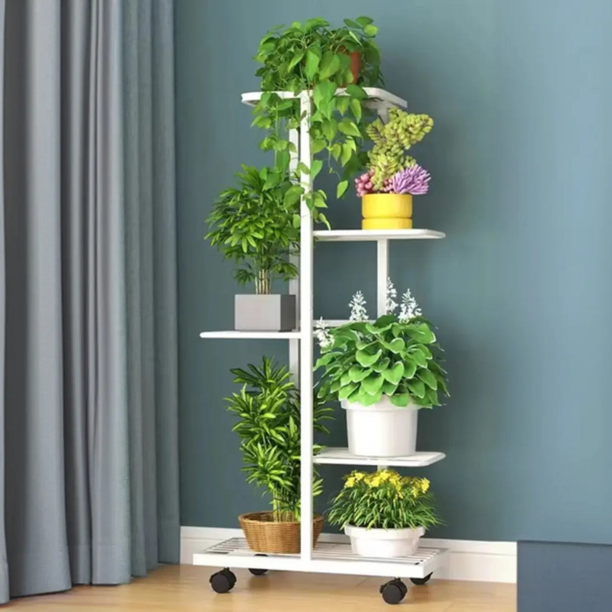 Metal Rectangle Tiered Floor Plant Stand with Wheels Image - 16