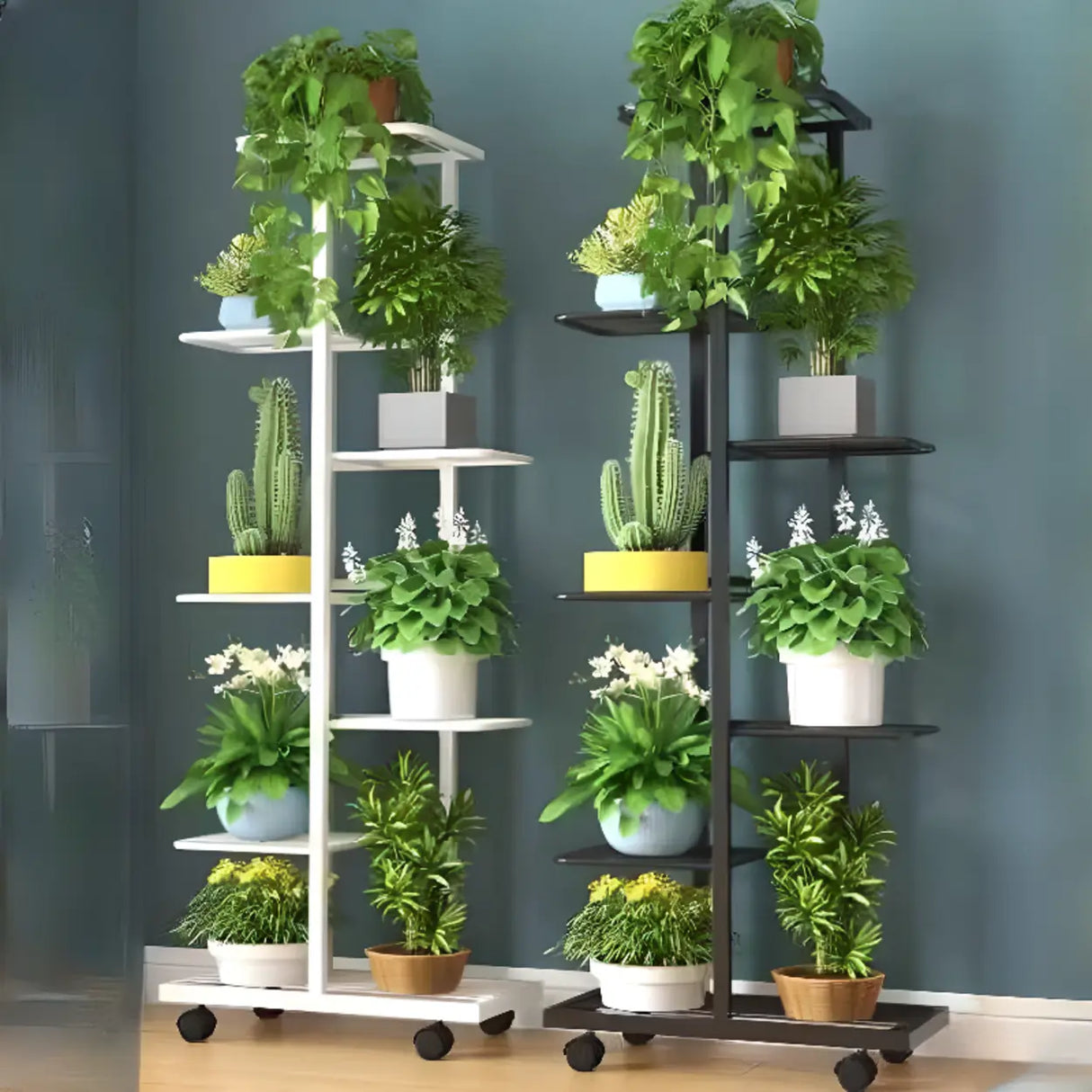 Metal Rectangle Tiered Floor Plant Stand with Wheels Image - 1