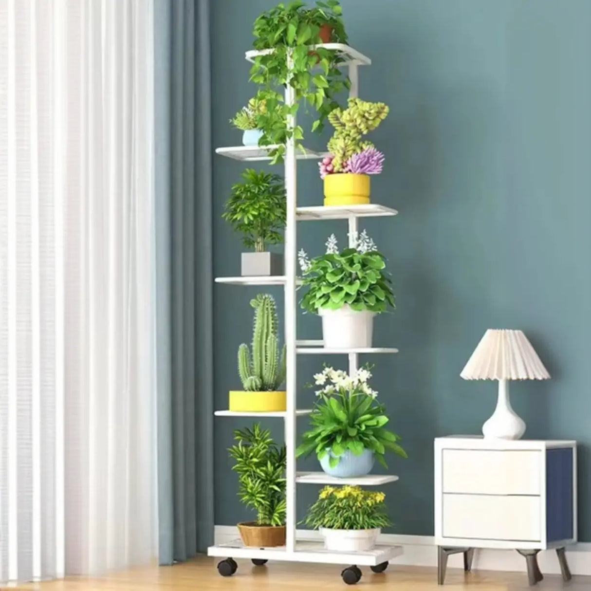 Metal Rectangle Tiered Floor Plant Stand with Wheels Image - 2