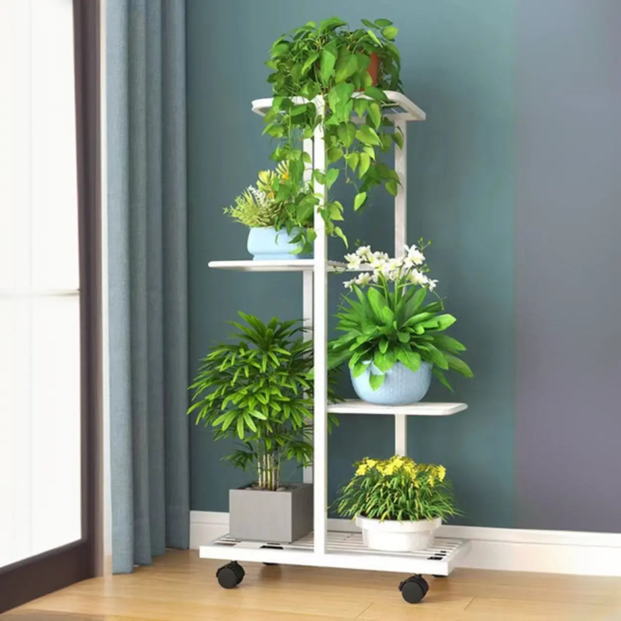 Metal Rectangle Tiered Floor Plant Stand with Wheels Image - 3