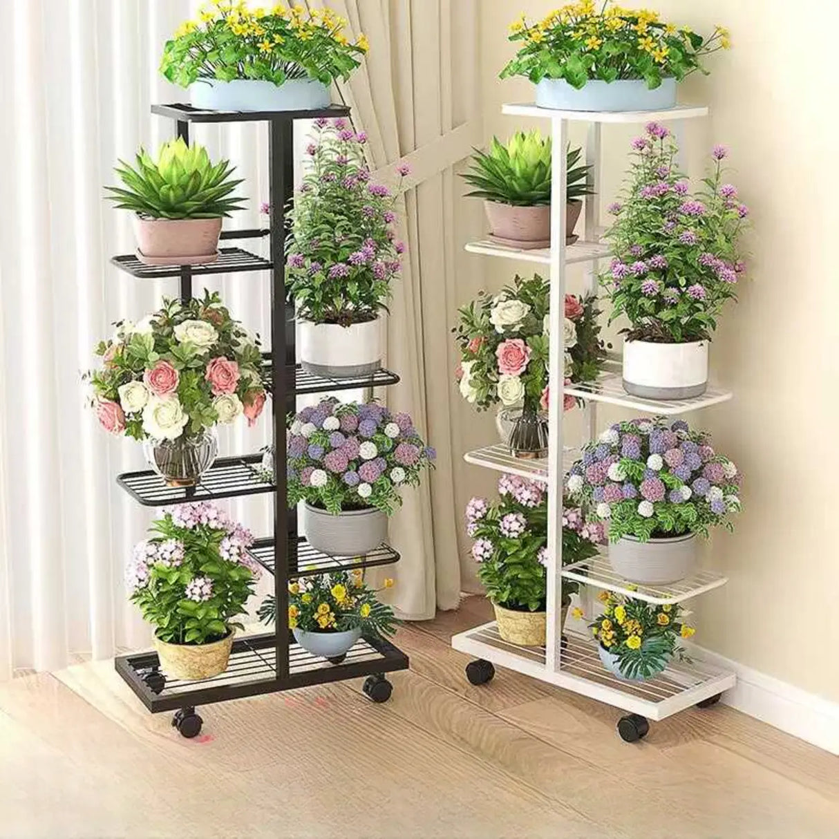 Metal Rectangle Tiered Floor Plant Stand with Wheels Image - 4