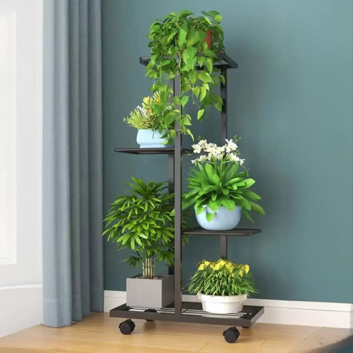 Metal Rectangle Tiered Floor Plant Stand with Wheels Image - 6