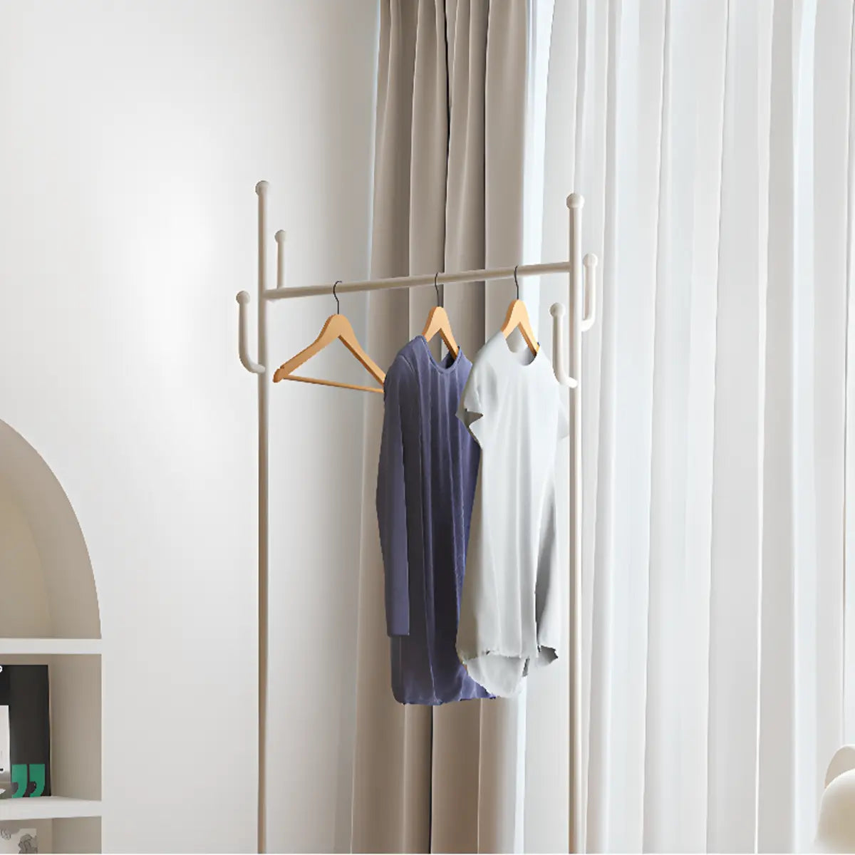 Metal White Freestanding Hooks Coat Rack with Basket Image - 14