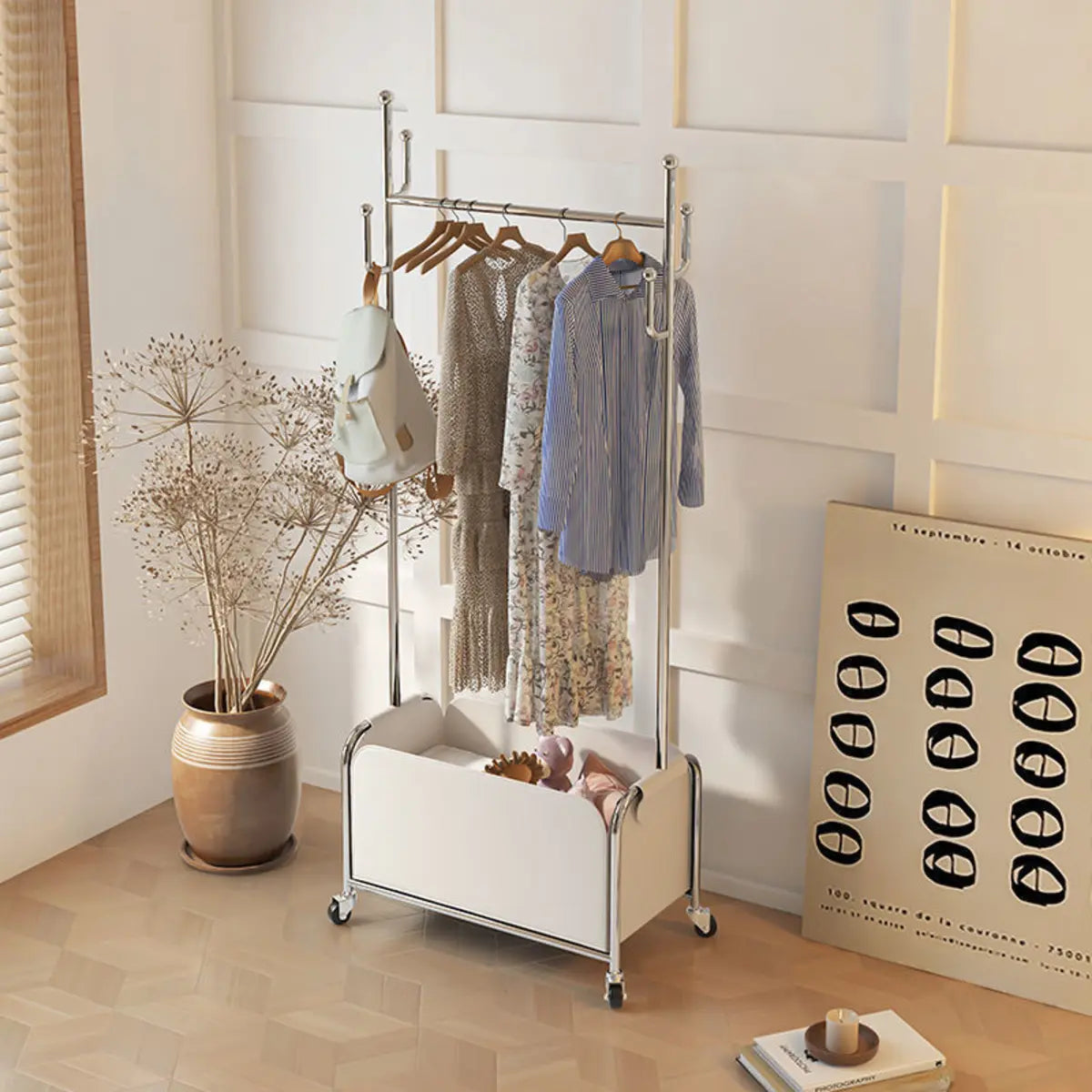 Metal White Freestanding Hooks Coat Rack with Basket Image - 3