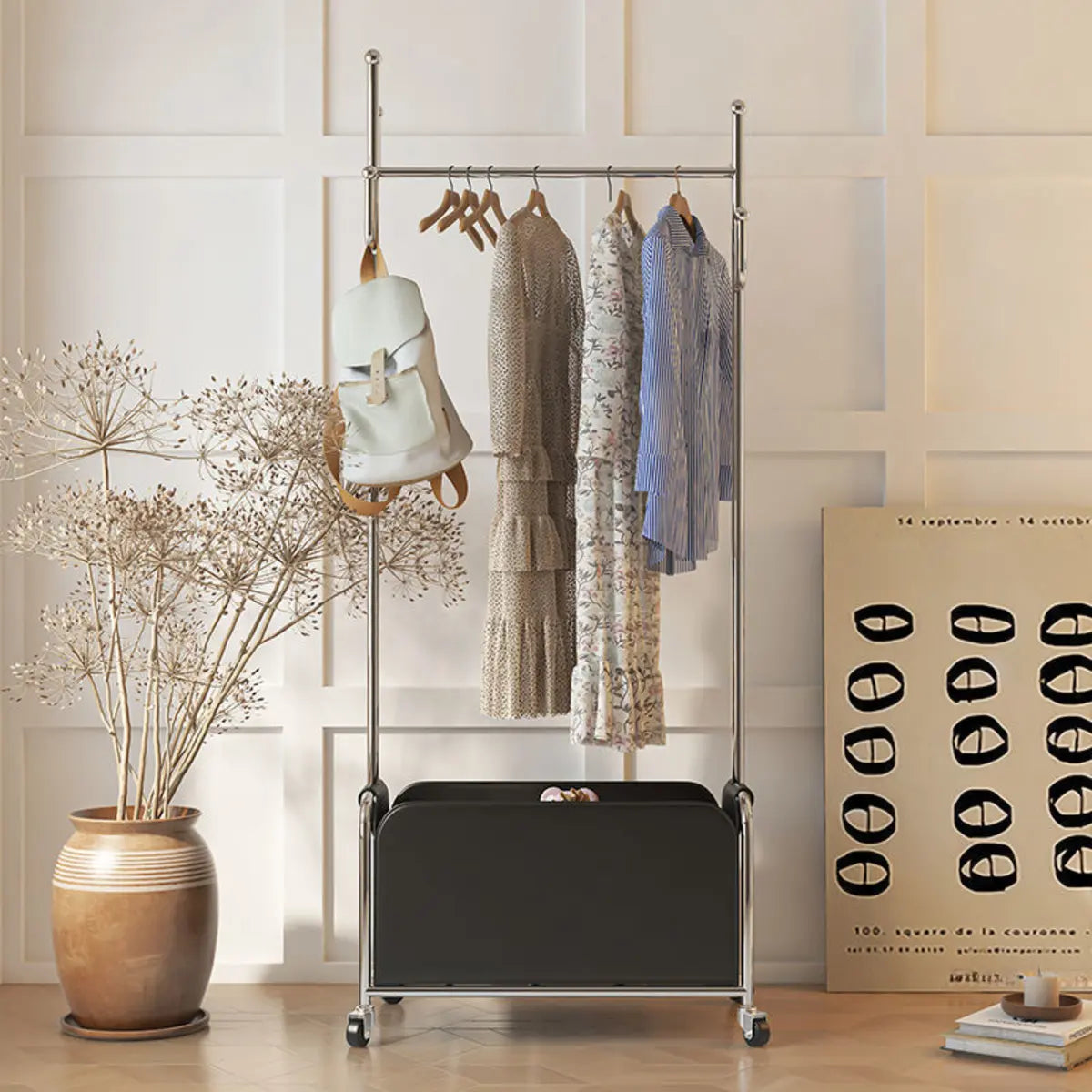 Metal White Freestanding Hooks Coat Rack with Basket Image - 4