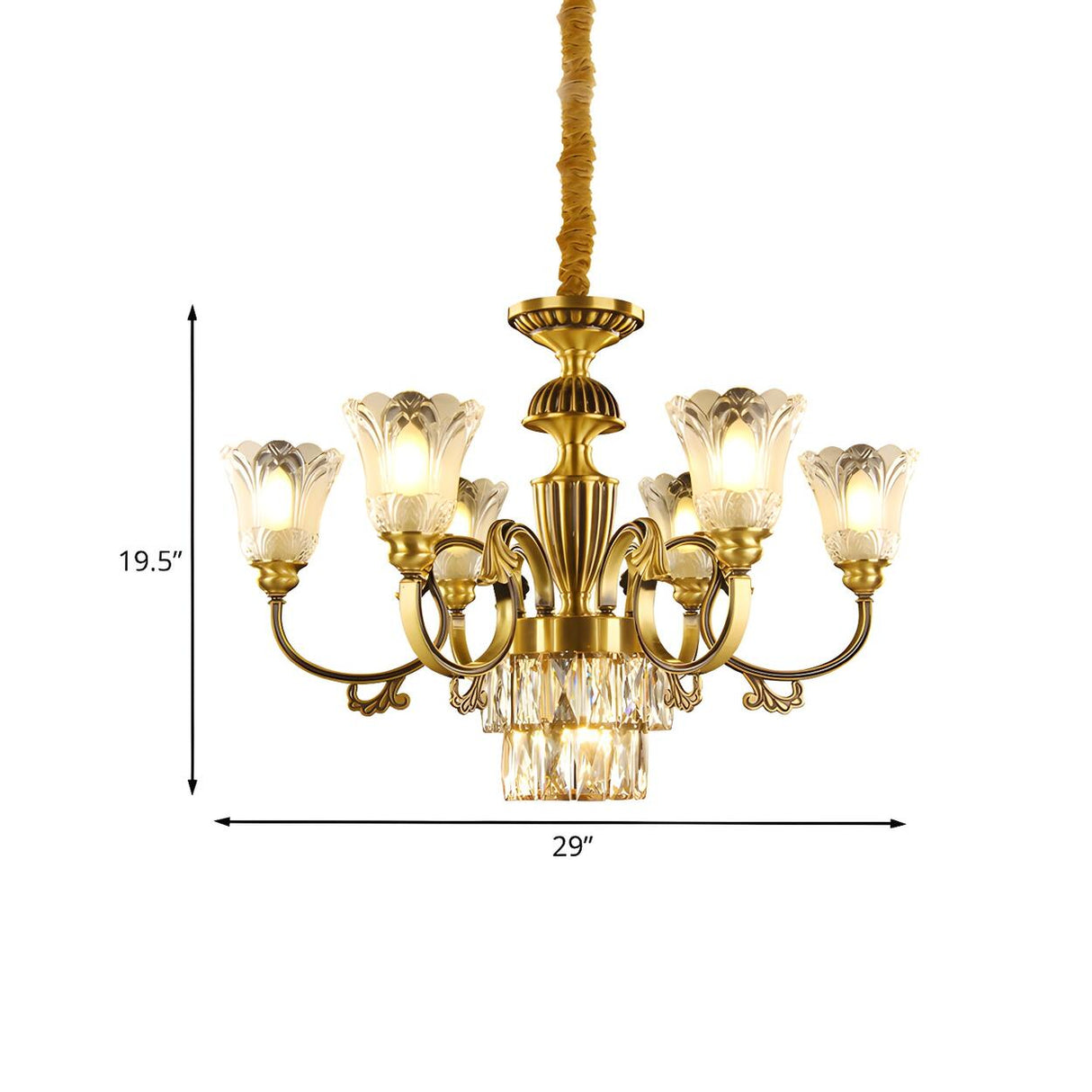 Mid-Century Brass Floral Crystal Pendant Chandelier