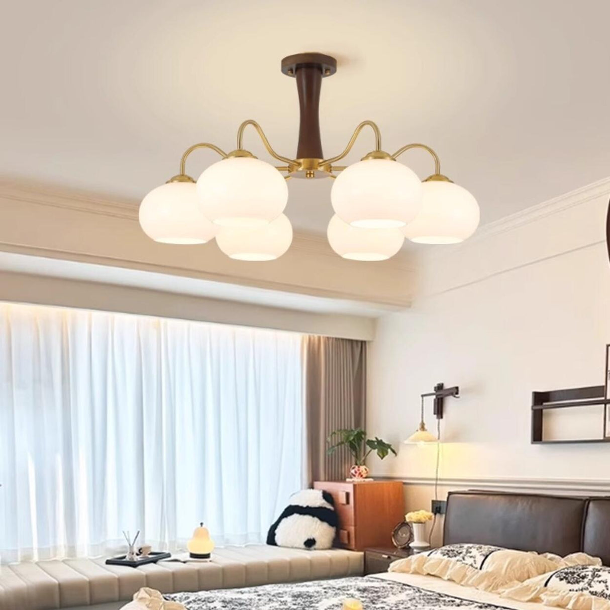 Mid-Century Brass White Glass Drum Chandelier Image - 1