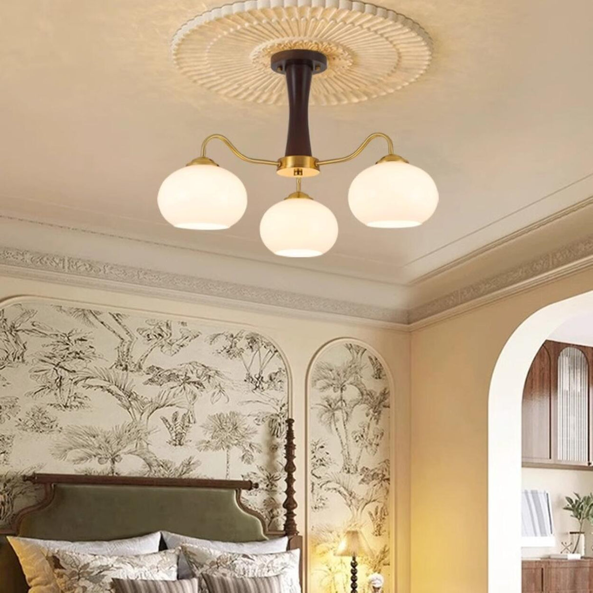 Mid-Century Brass White Glass Drum Chandelier Image - 3