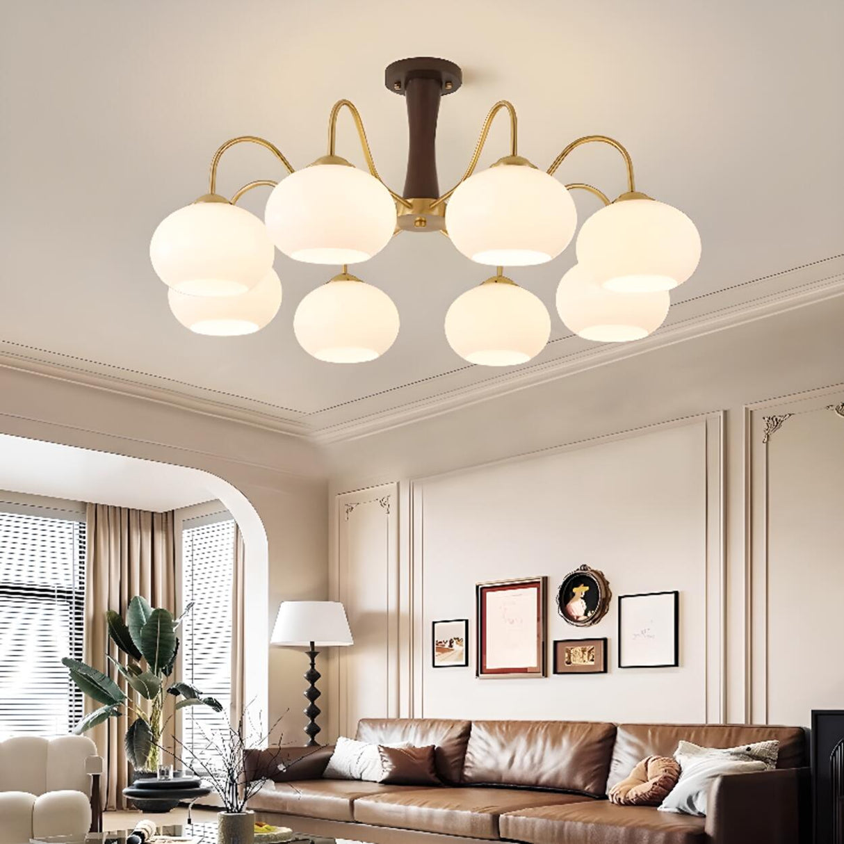 Mid-Century Brass White Glass Drum Chandelier Image - 4