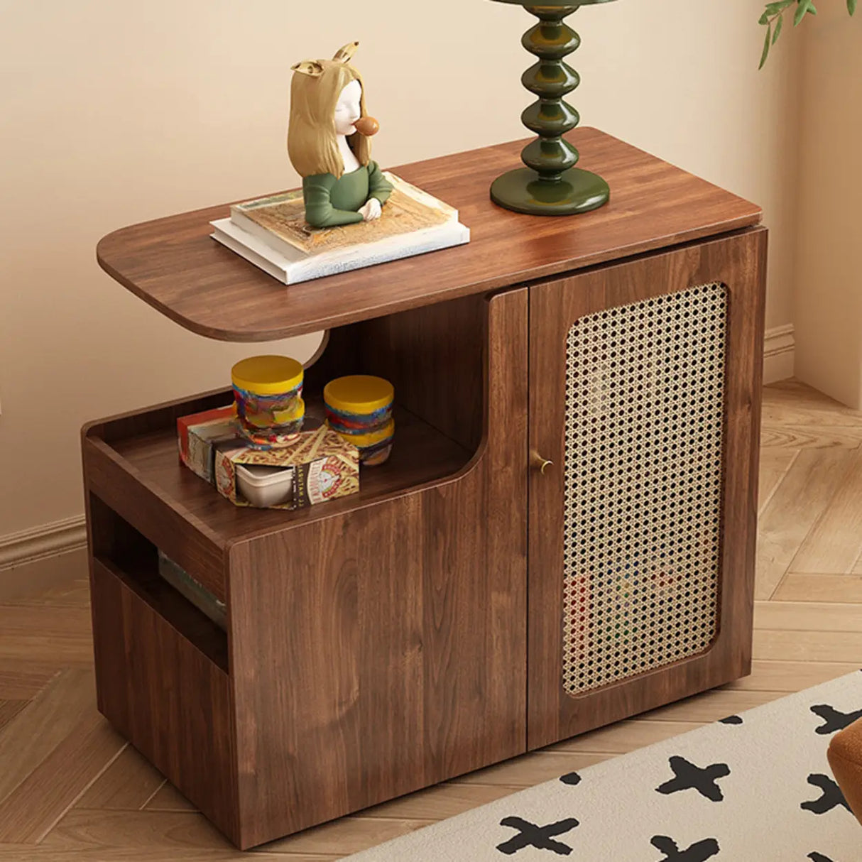 Mid-Century Brown Wood Swivel Storage Side Table with Casters Image - 1