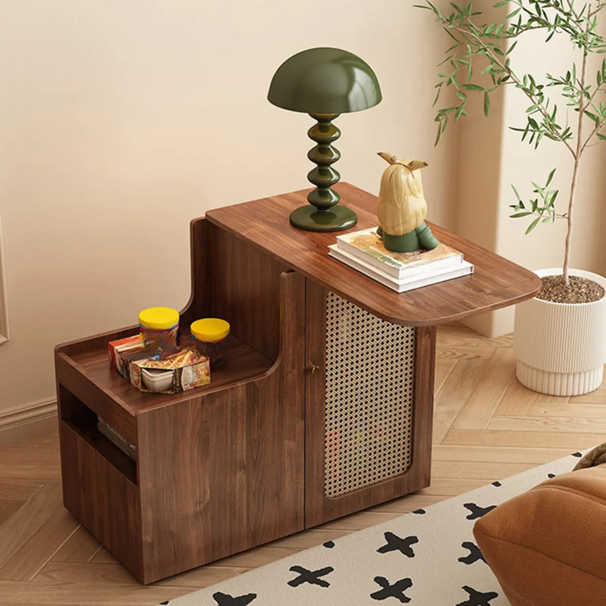 Mid-Century Brown Wood Swivel Storage Side Table with Casters Image - 2