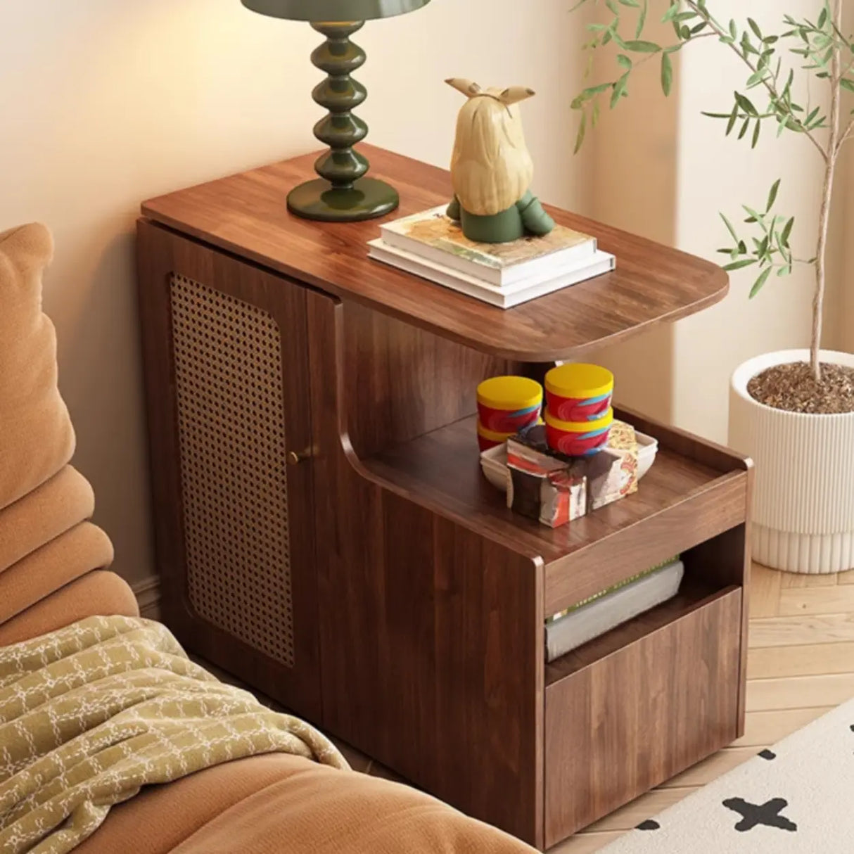 Mid-Century Brown Wood Swivel Storage Side Table with Casters Image - 3