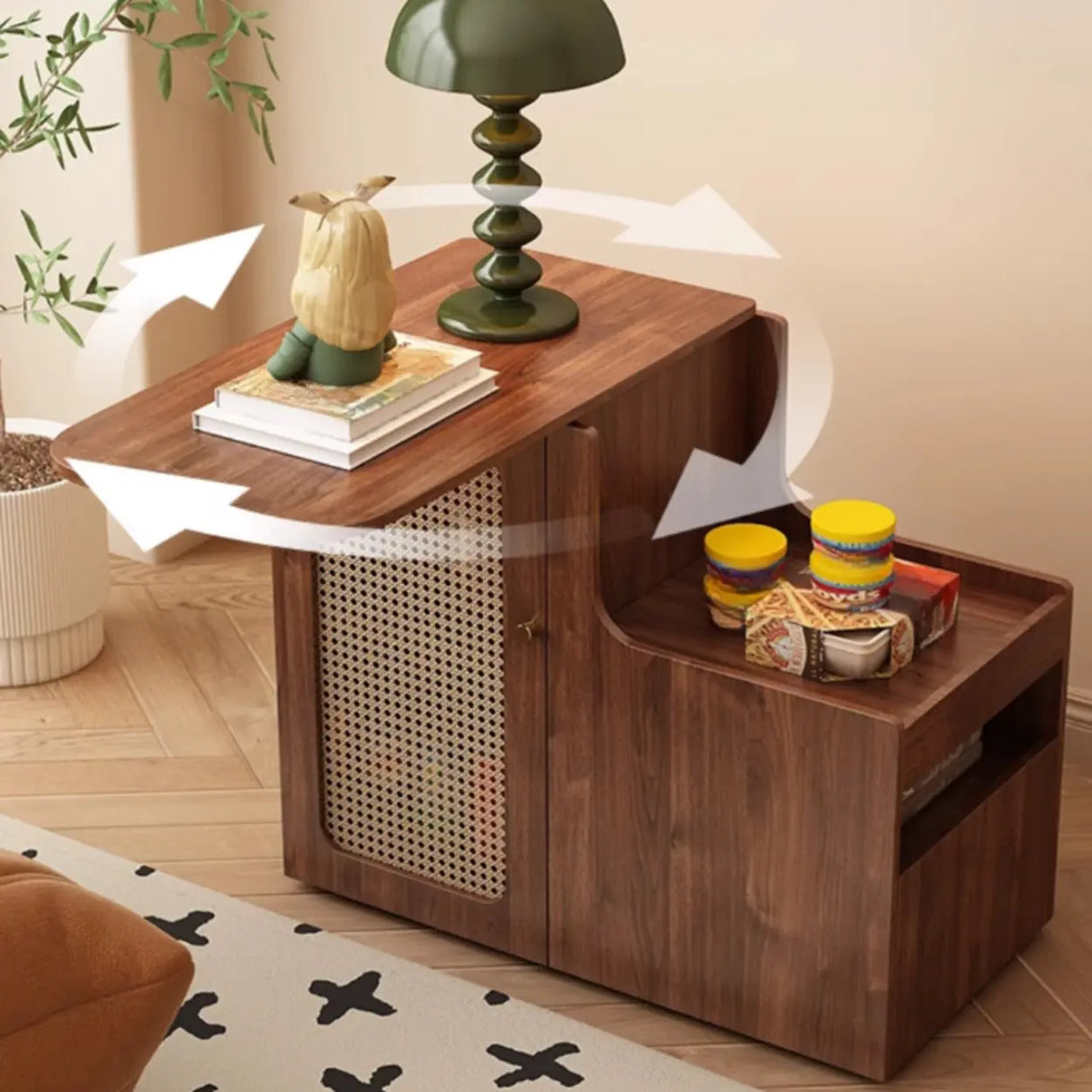 Mid-Century Brown Wood Swivel Storage Side Table with Casters Image - 4