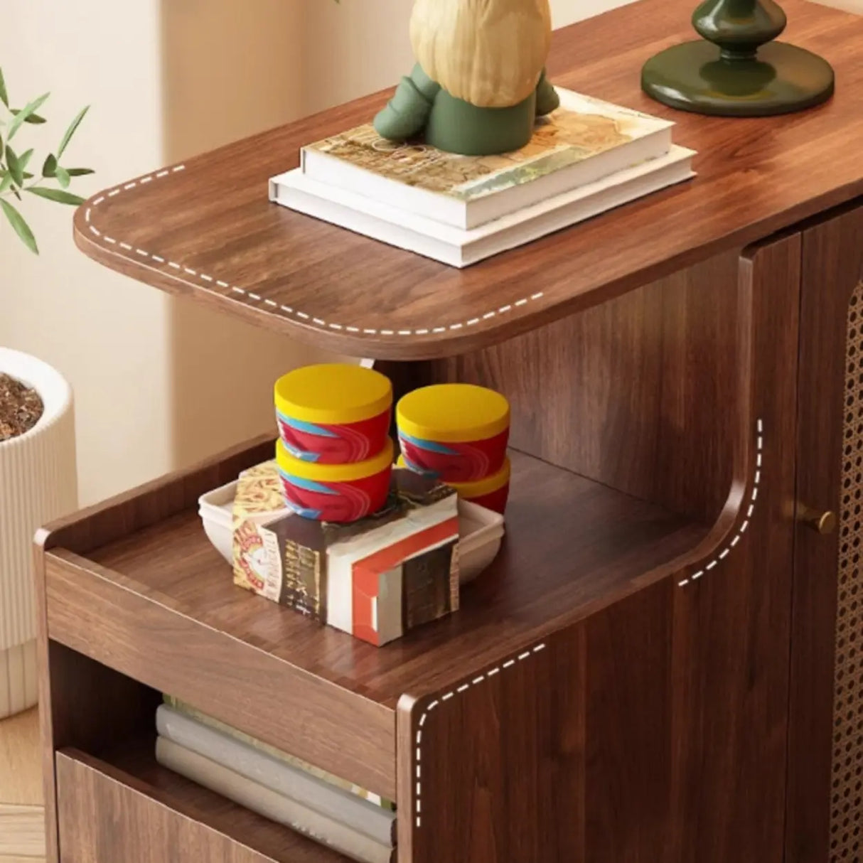 Mid-Century Brown Wood Swivel Storage Side Table with Casters Image - 5