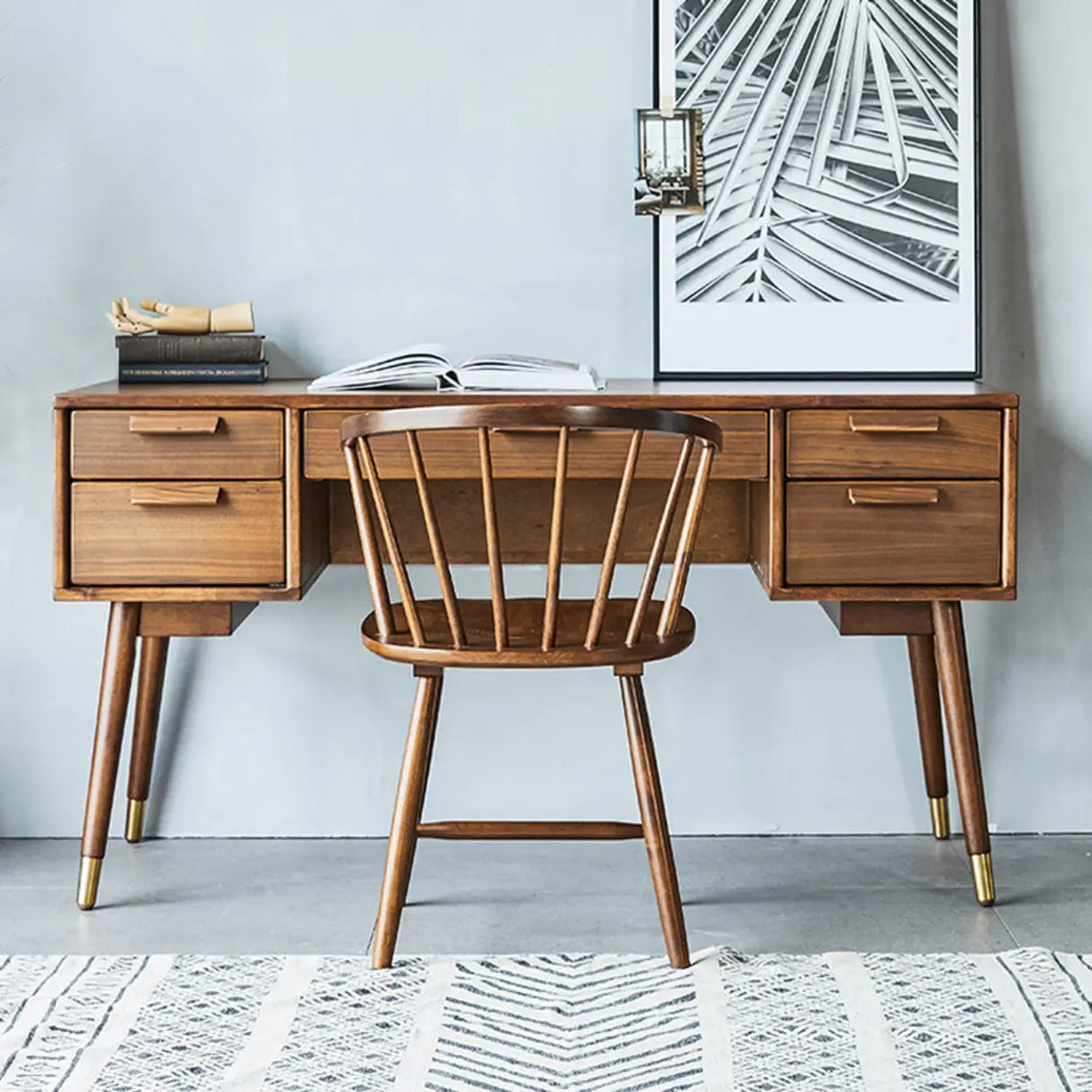 Mid-Century Brown Wooden Dual Drawers Writing Desk Image - 1