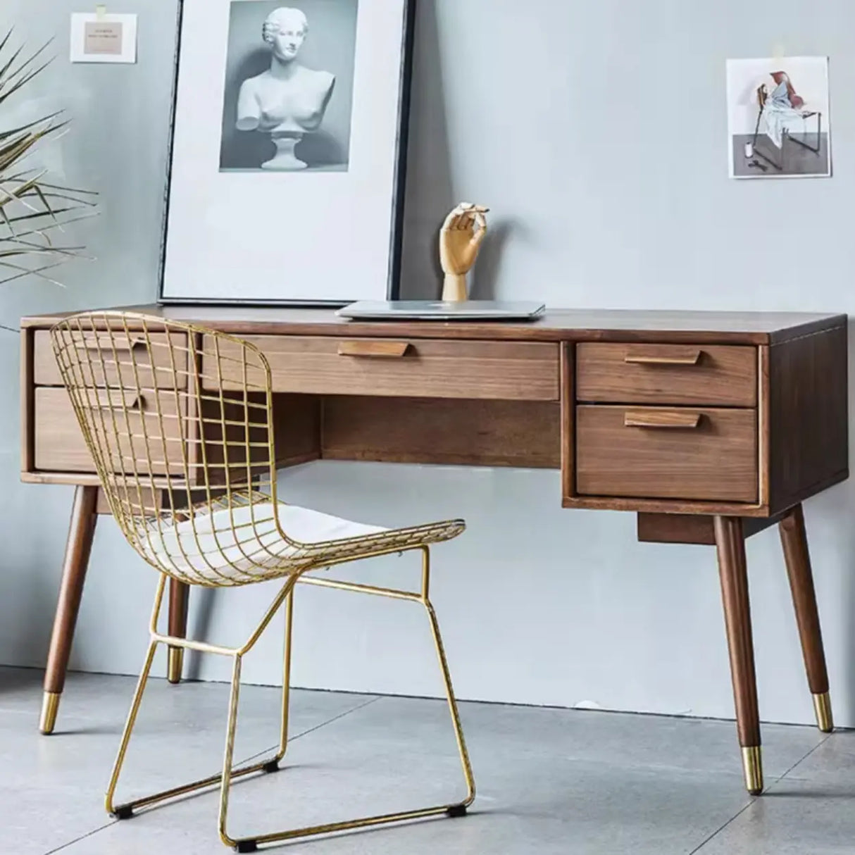 Mid-Century Brown Wooden Dual Drawers Writing Desk Image - 4