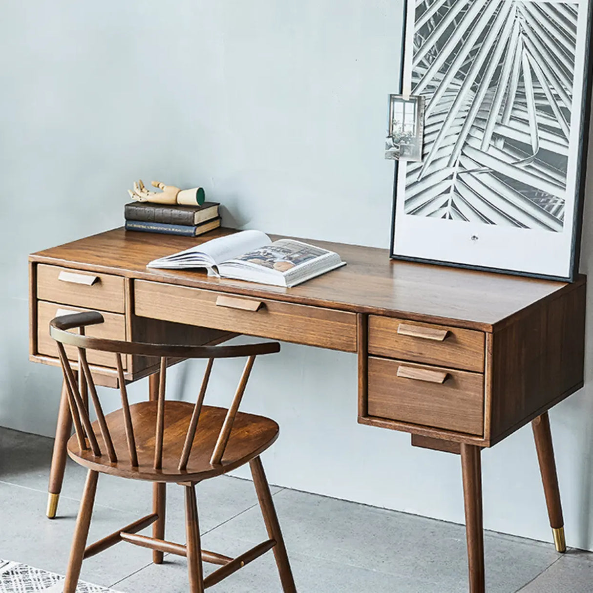 Mid-Century Brown Wooden Dual Drawers Writing Desk Image - 5