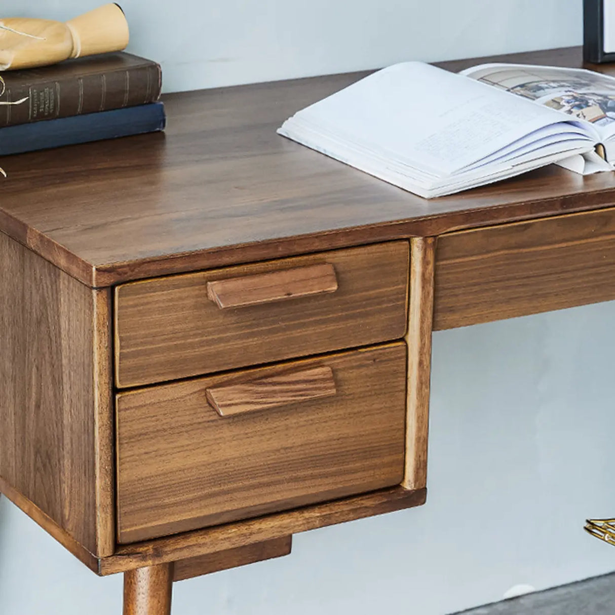 Mid-Century Brown Wooden Dual Drawers Writing Desk Image - 9