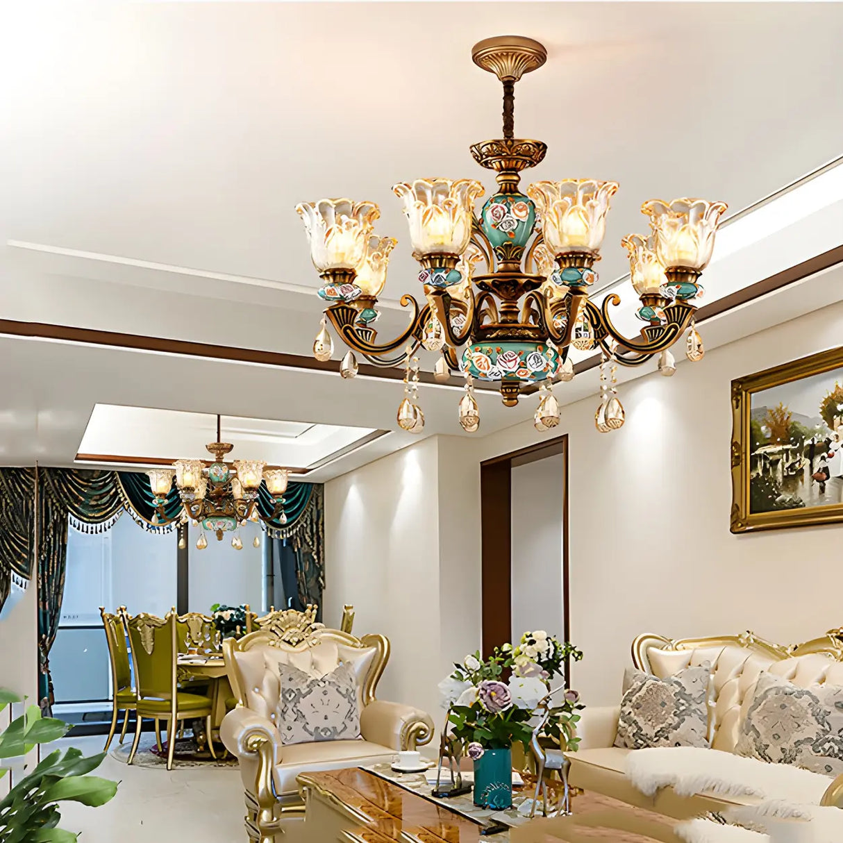 Mid-Century Floral Brass Branch Living Room Chandelier Image - 14