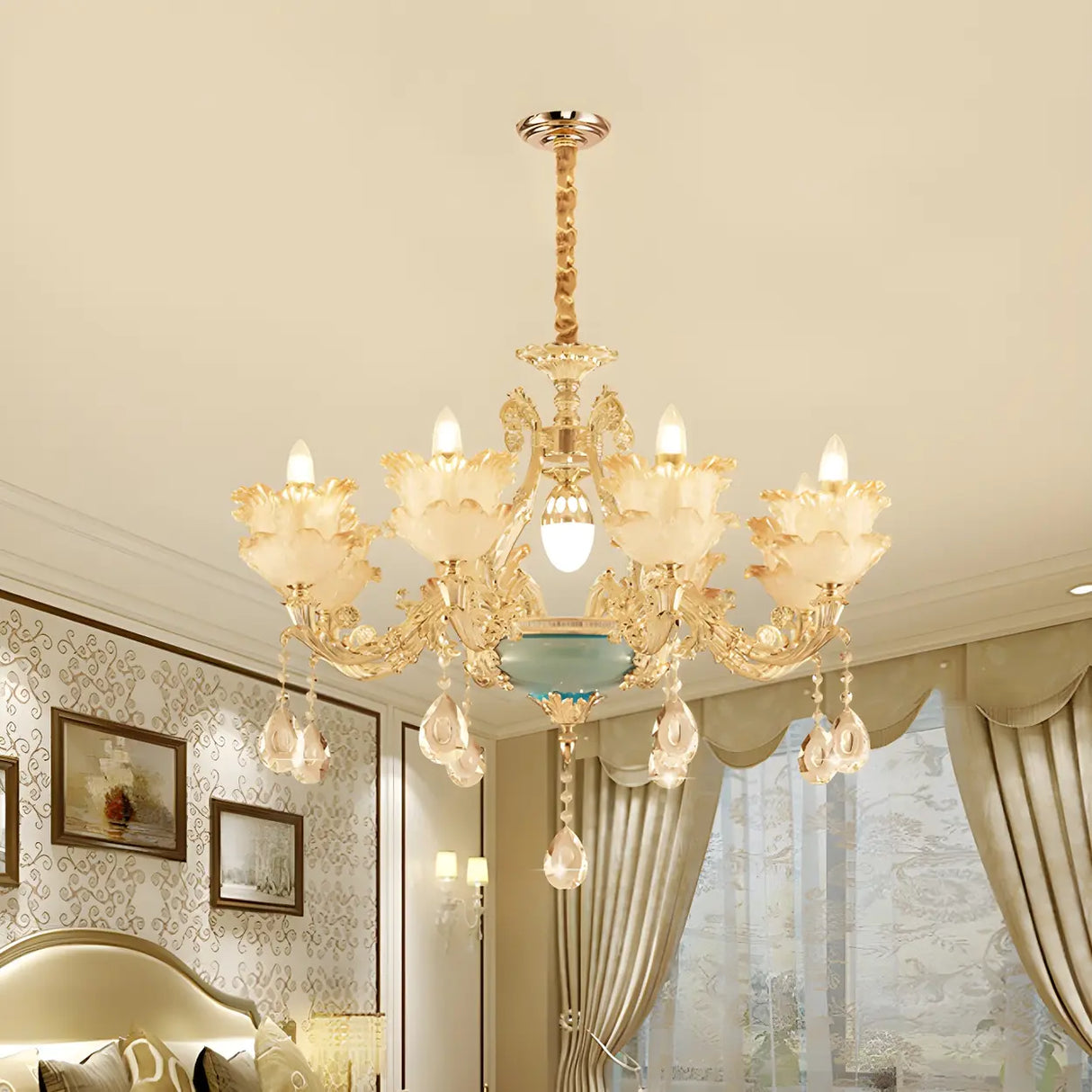 Mid Century Gold Floral Stained Glass Chandelier Image - 1