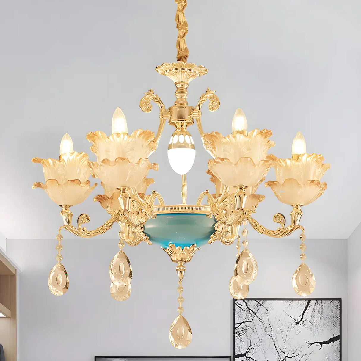 Mid Century Gold Floral Stained Glass Chandelier Image - 2