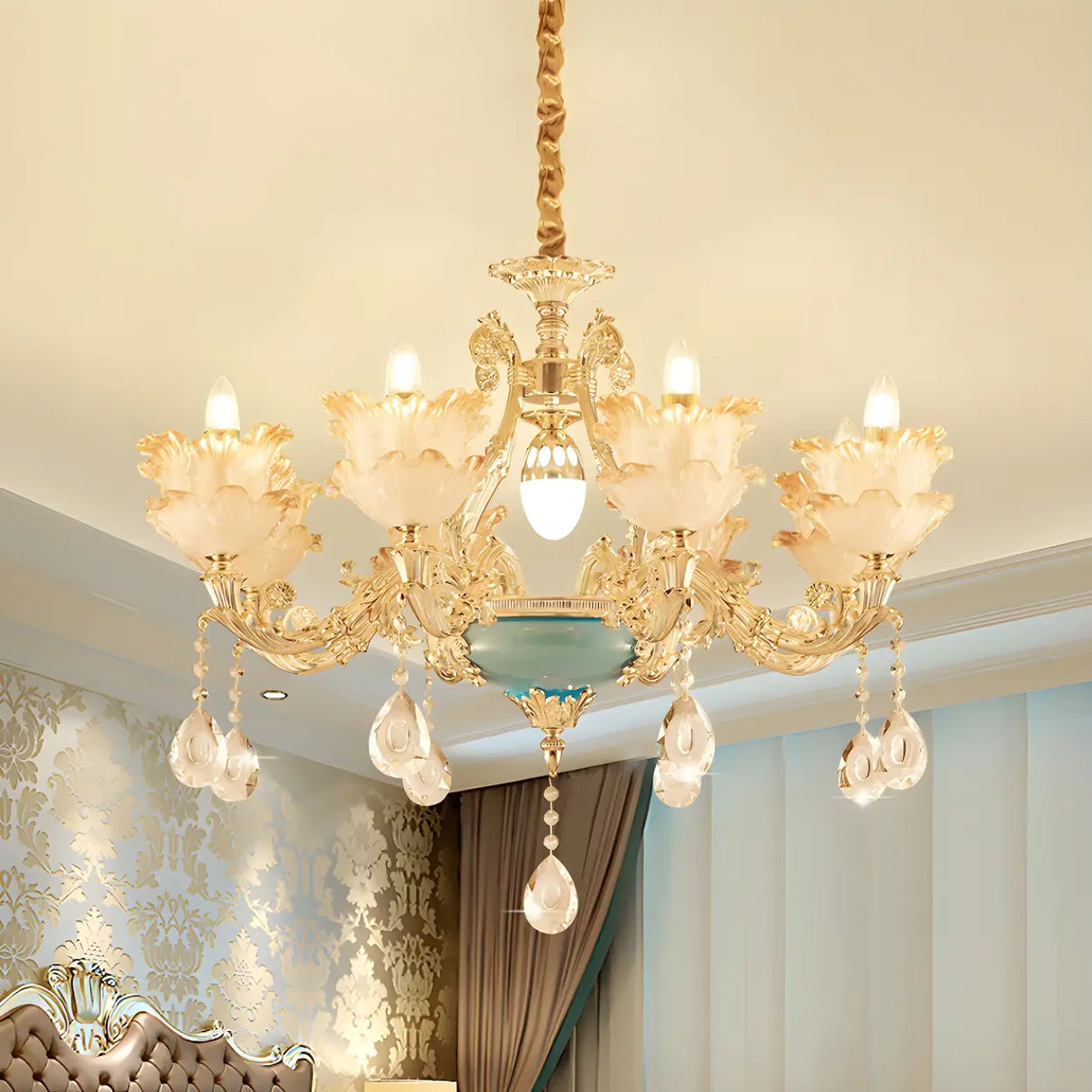 Mid Century Gold Floral Stained Glass Chandelier Image - 3