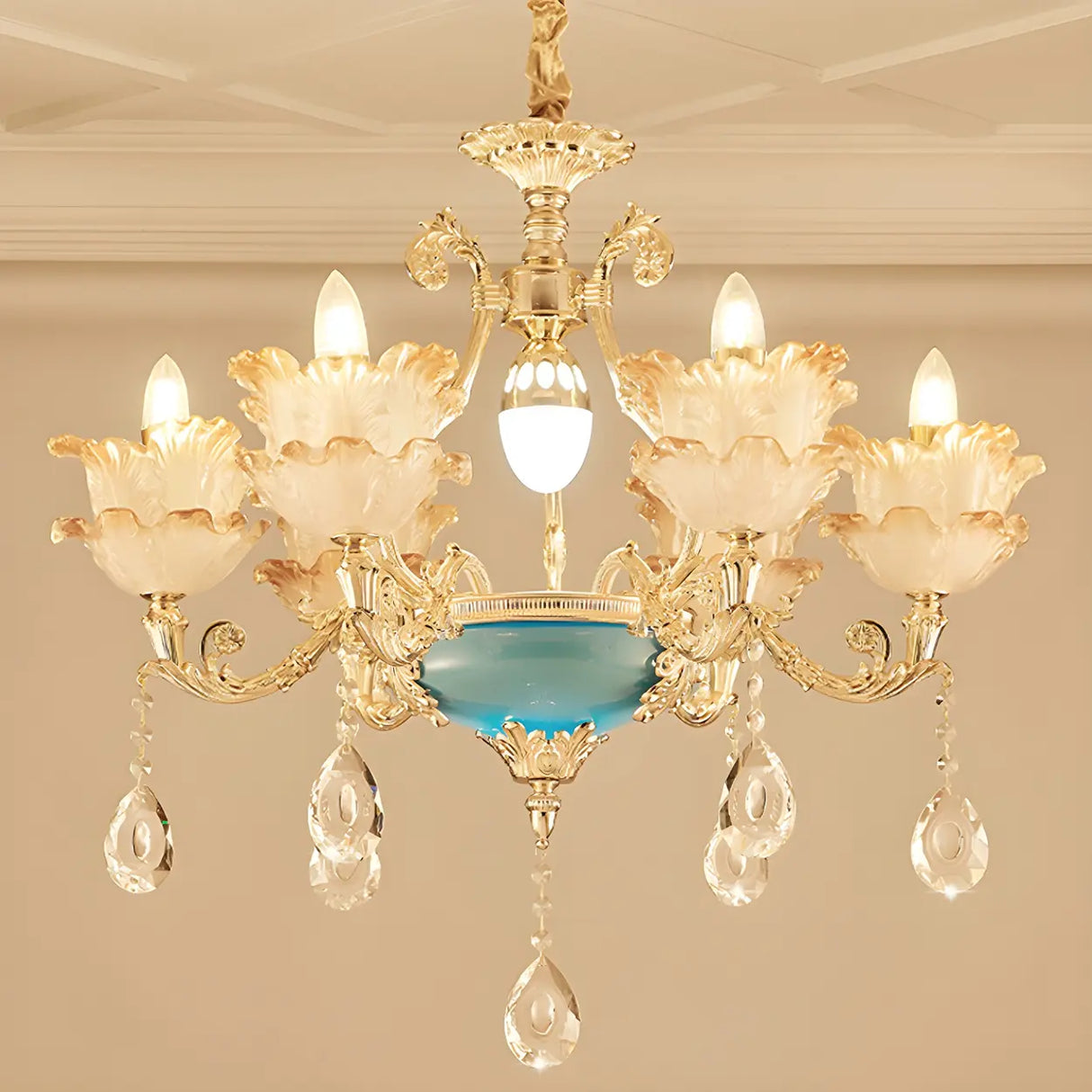 Mid Century Gold Floral Stained Glass Chandelier Image - 4