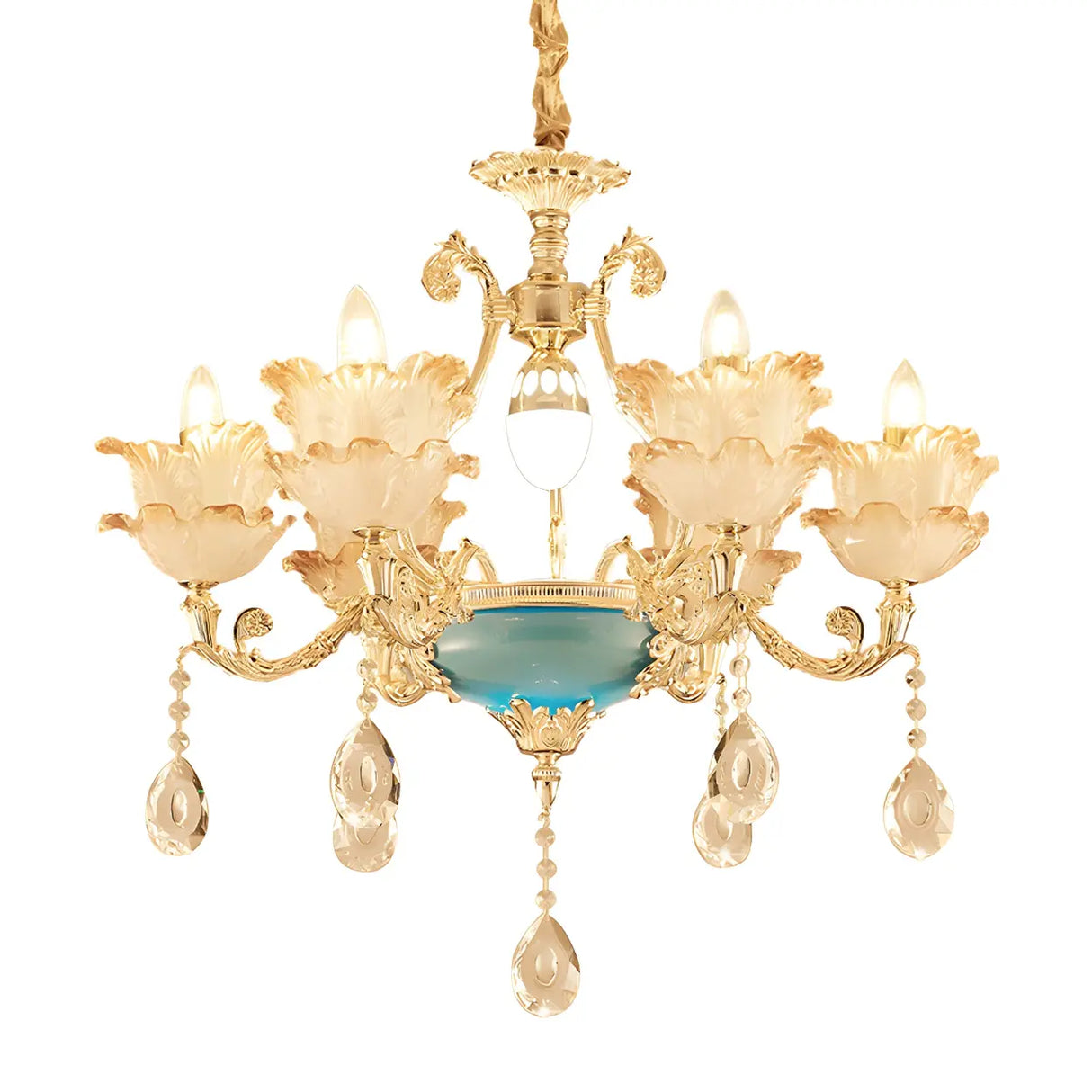 Mid Century Gold Floral Stained Glass Chandelier Image - 5