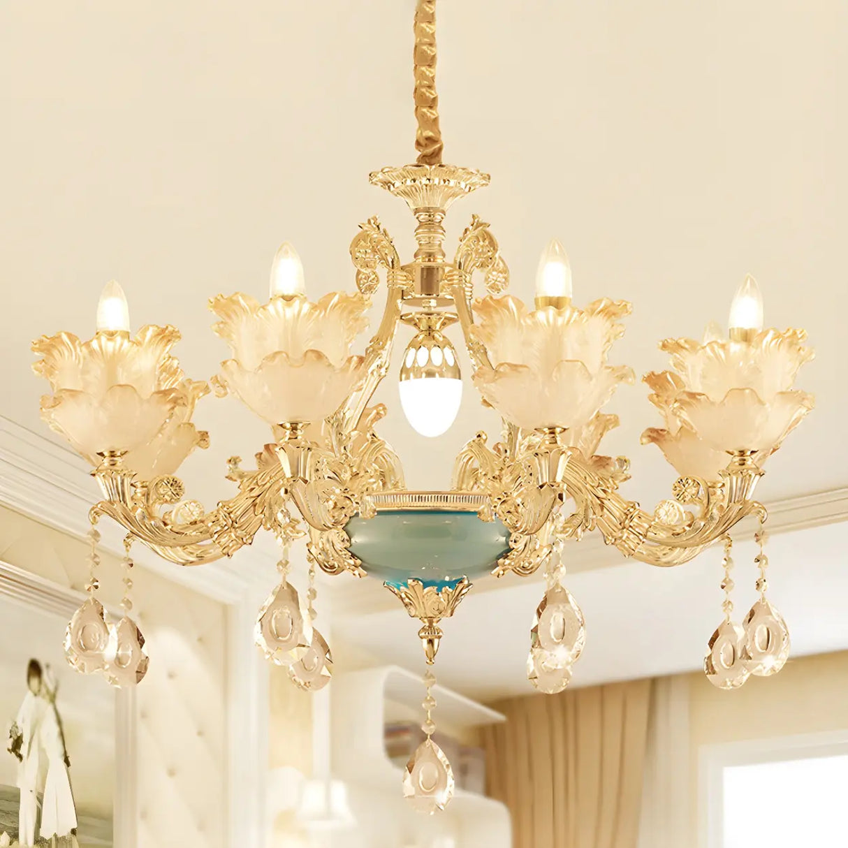 Mid Century Gold Floral Stained Glass Chandelier Image - 7