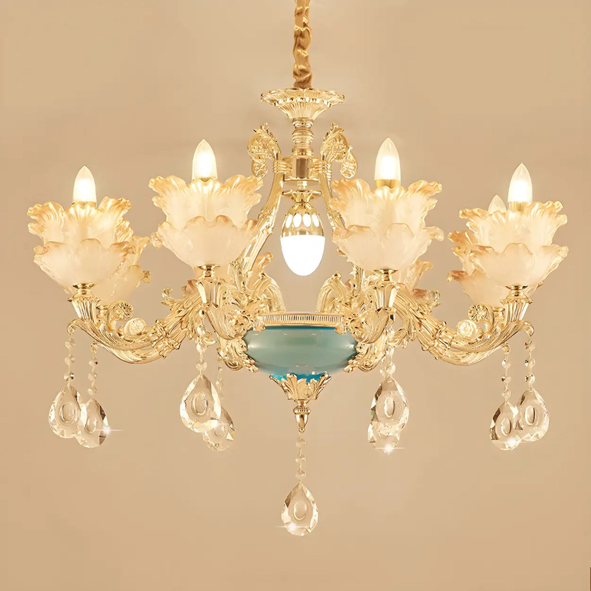 Mid Century Gold Floral Stained Glass Chandelier Image - 8