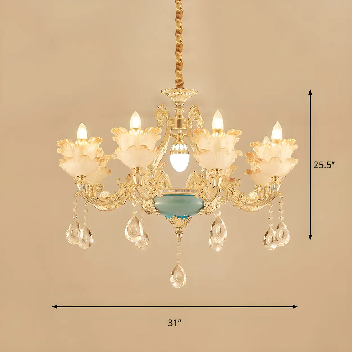 Mid Century Gold Floral Stained Glass Chandelier