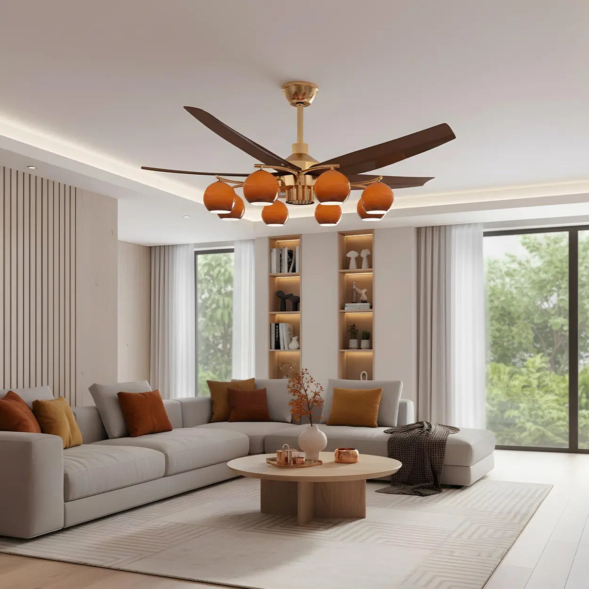 Mid-Century Large Remote Control Orange Ceiling Fan Light Image - 11