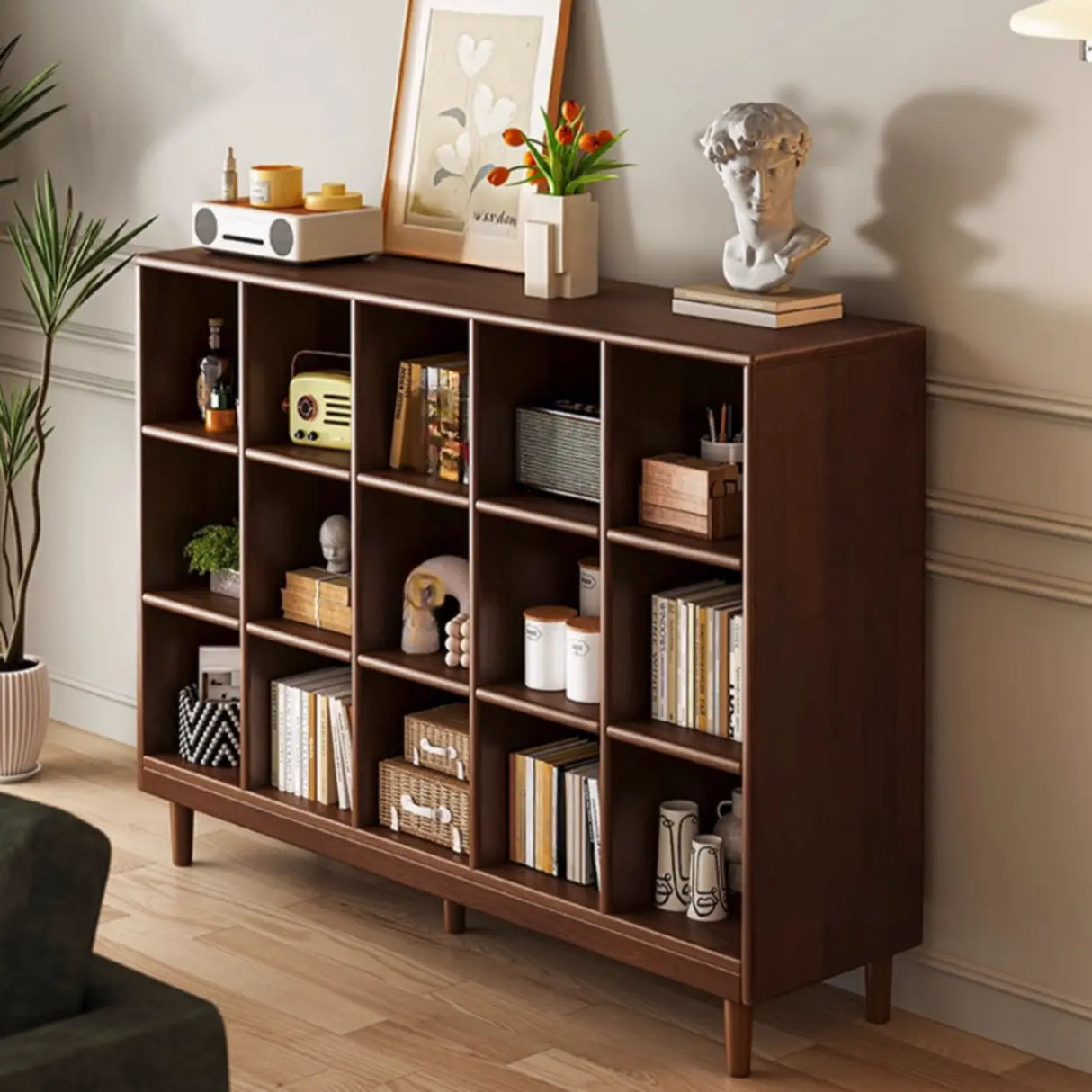Mid-Century Low Modular Cube Wood Vertical Bookshelf Bookcase Image - 4