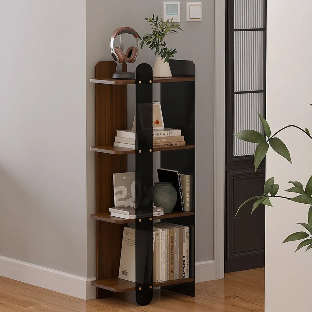 Mid-Century Modern 4-Tier Wood Vertical Corner Bookshelf Image - 1