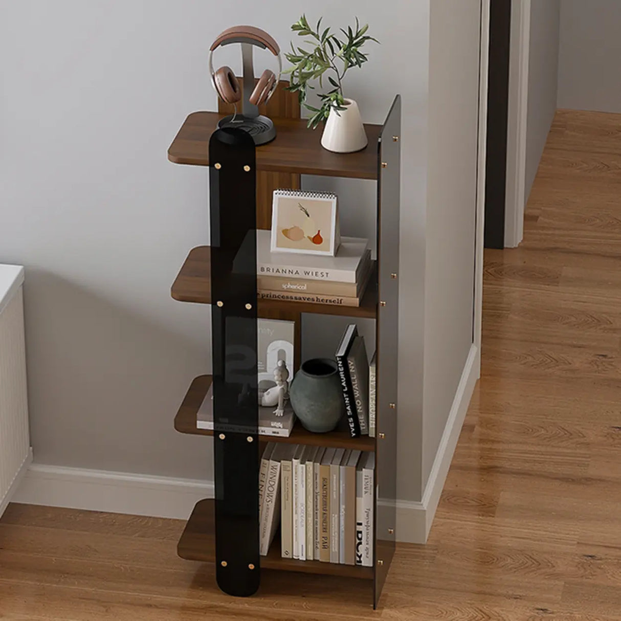 Mid-Century Modern 4-Tier Wood Vertical Corner Bookshelf Image - 4