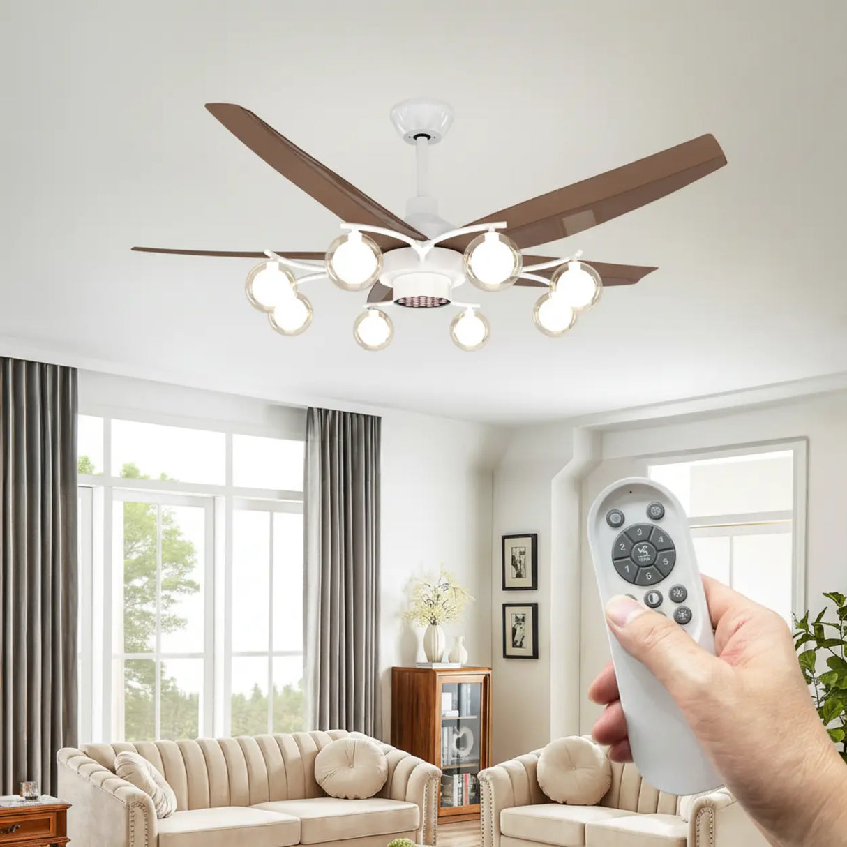 Mid-Century Modern 5-Blade 52-inch White Celing Fan Light Image - 7