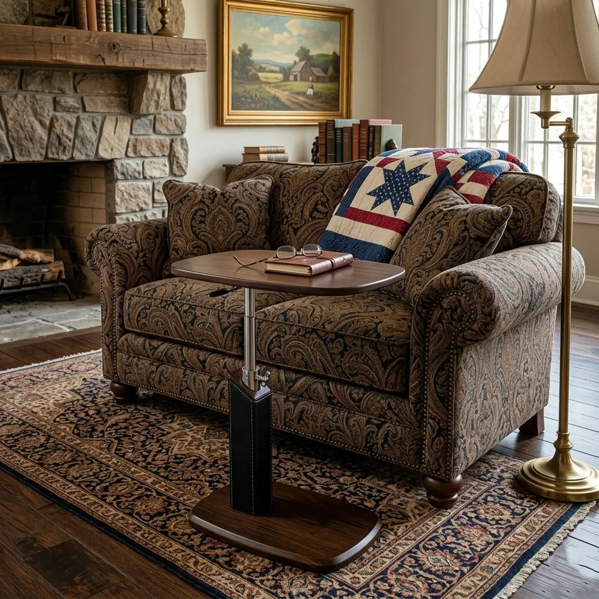 Mid-Century Modern Adjustable Walnut Rolling Side Table Image - 5