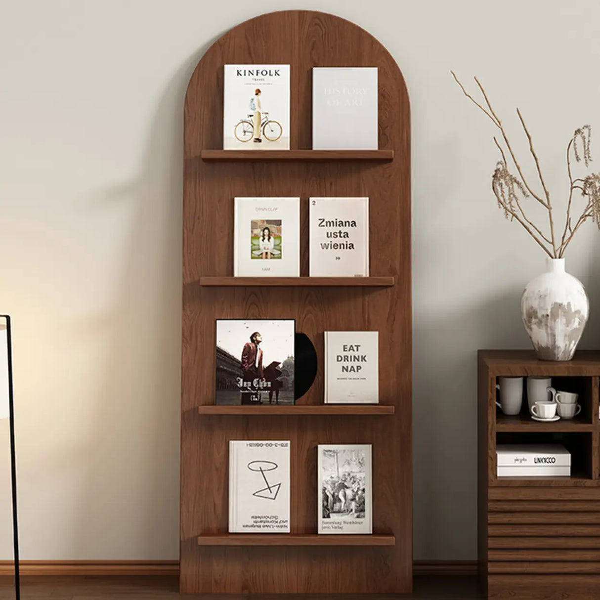 Mid-Century Modern Arched Wood Vertical Bookshelf Display Rack Image - 4