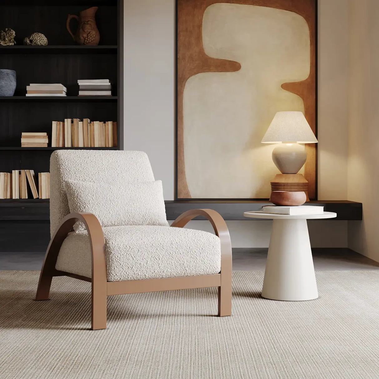 Mid-Century Modern Armrest Beige Accent Chair With Pillow Image - 1