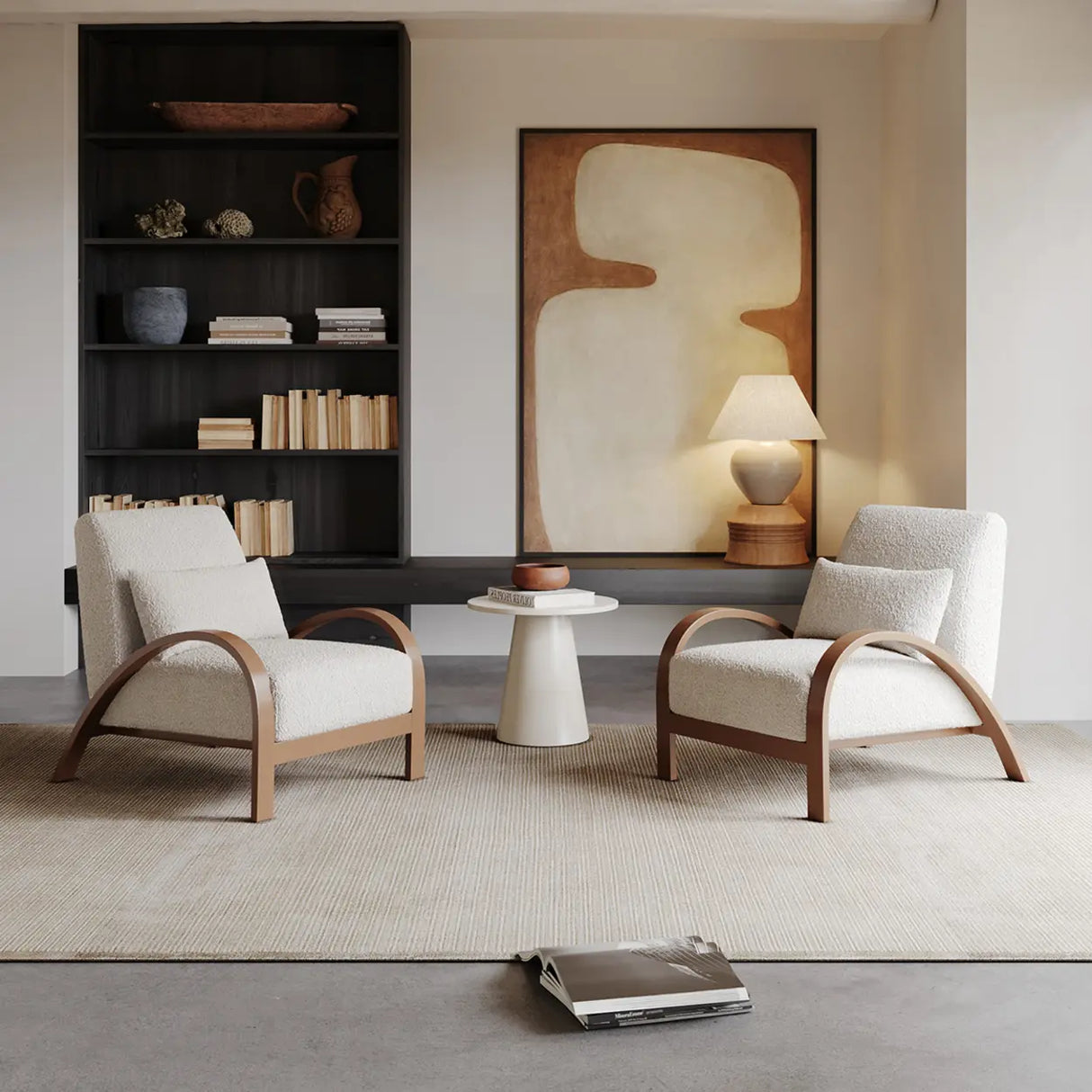 Mid-Century Modern Armrest Beige Accent Chair With Pillow Image - 4