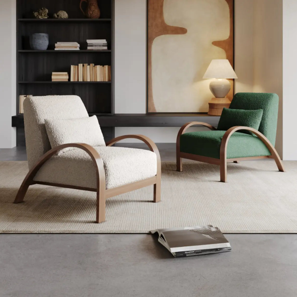 Mid-Century Modern Armrest Beige Accent Chair With Pillow Image - 6