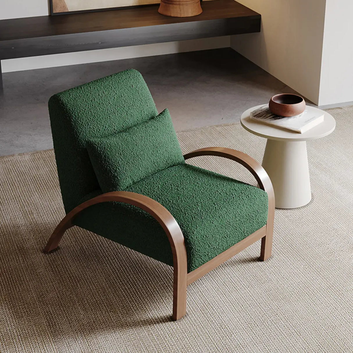 Mid-Century Modern Armrest Beige Accent Chair With Pillow Image - 8