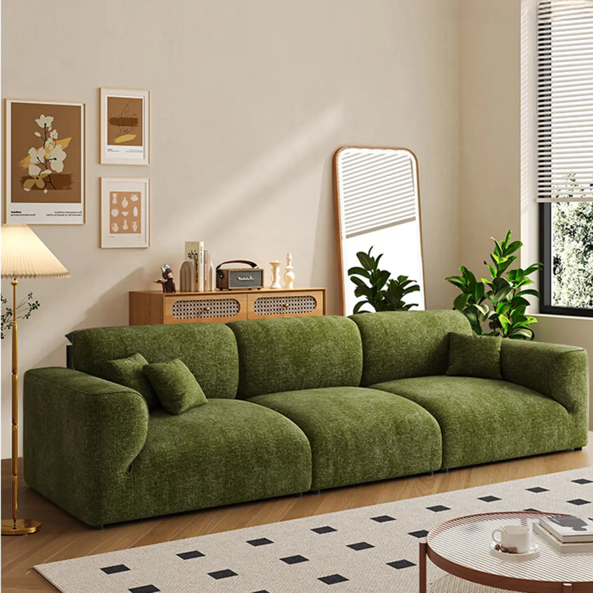 Mid-Century Modern Armrest Olive Green Chenille Plush Sofa Image - 1